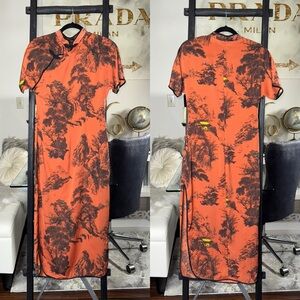 Zara Orange And Black Satin Cheongsam Midi Dress Mandarin Collar with Side Slits